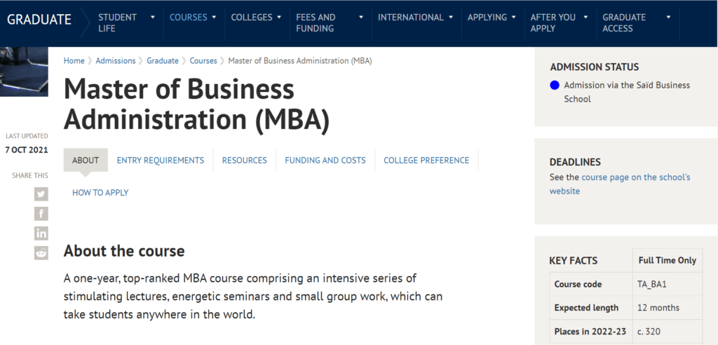 University of Oxford MBA program
