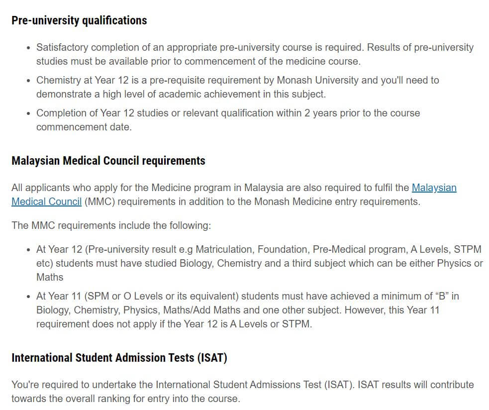 Monash University Malaysia entry requirements